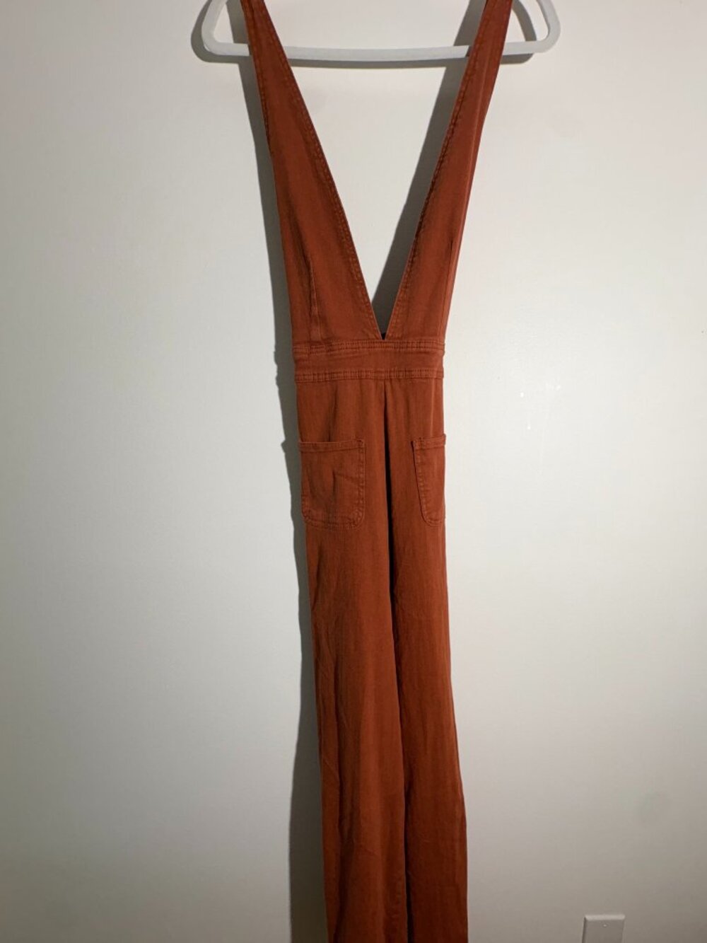 Dollhouse Rust Orange Wide Leg Jumpsuit Overalls Deep V Neck Size 11 70s Boho